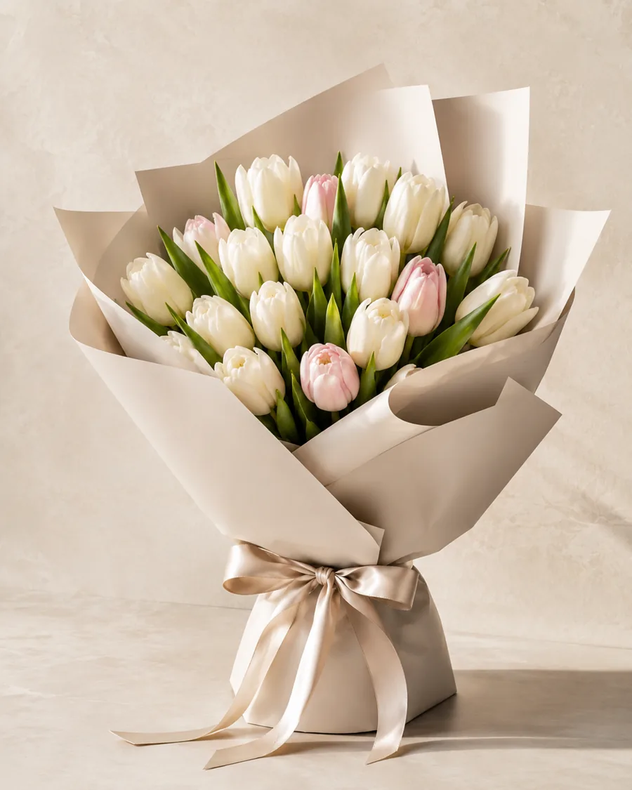 Bouquet de tulipes blanches et crème avec une pointe de rose pâle.