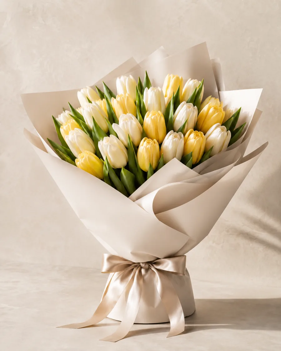Bouquet de tulipes jaunes et blanches dans un papier kraft clair noué d'un ruban.