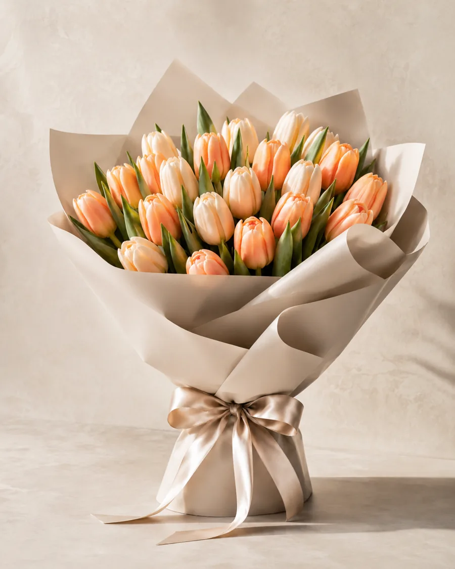 Bouquet de tulipes couleur pêche dans un emballage kraft clair.