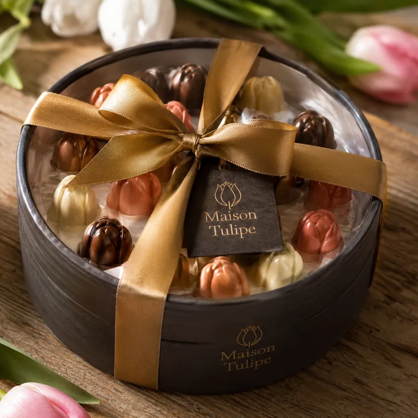 Petite boîte ronde de chocolats tulipe fermée par un ruban doré.