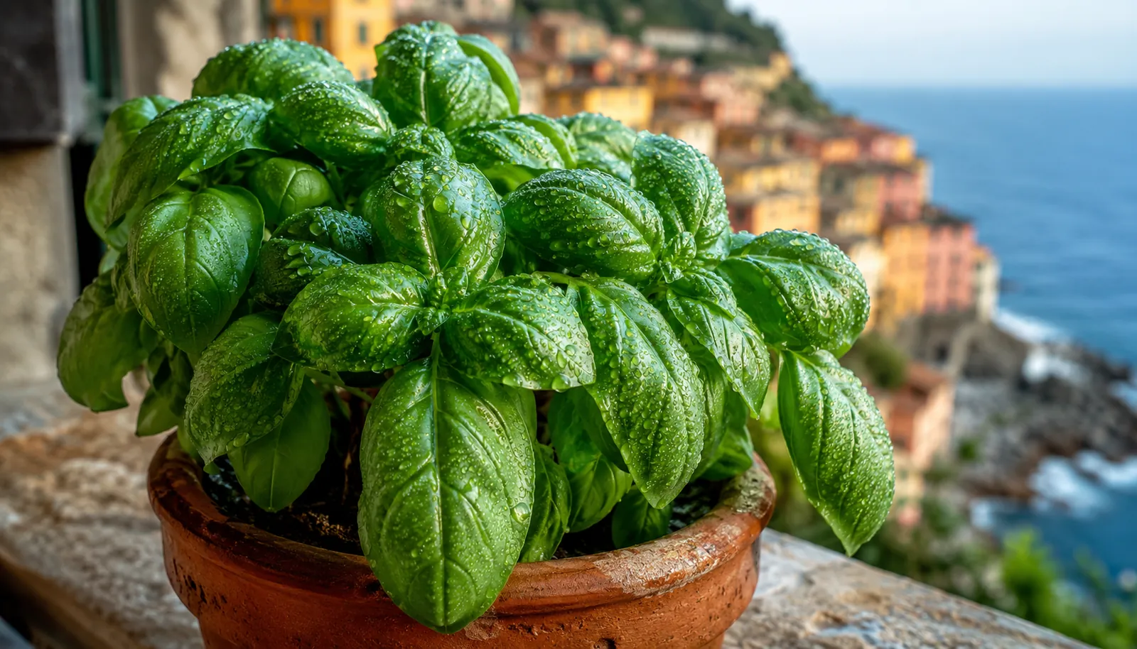Plant de basilic de Gênes devant les villages pastel des Cinque Terre